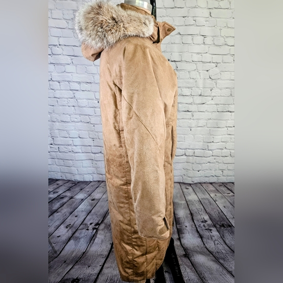 Cabela's Goose Down Faux Suede Long Coat Tan Size Large w/Removable Hood & Fur - Picture 6 of 8